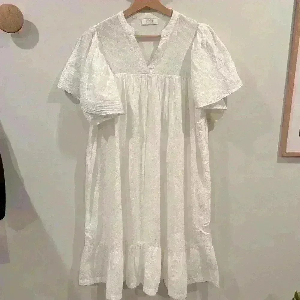 Women's White Maxi Dress with V-Neck and Flutter Sleeves